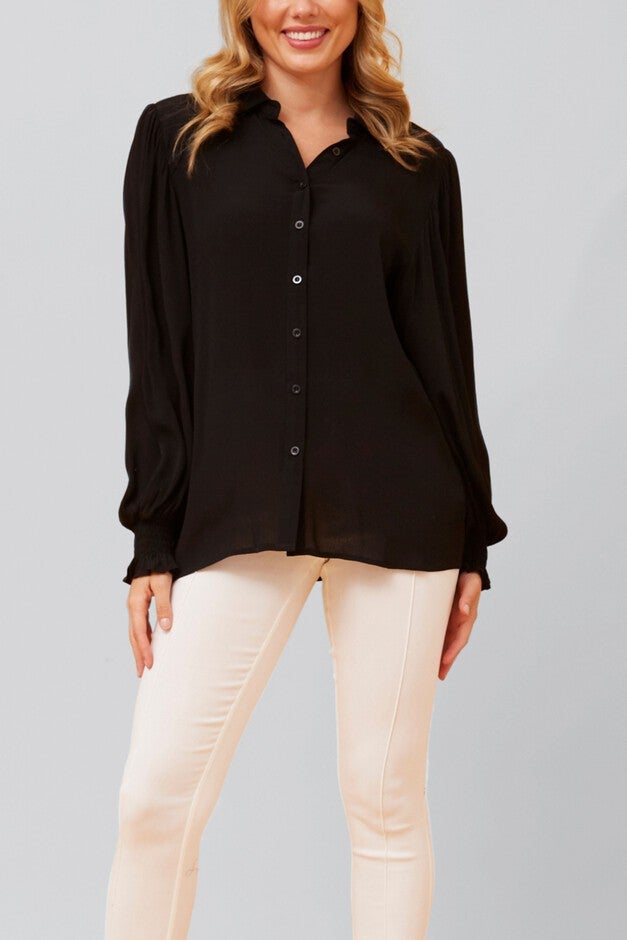 Cindy Shirt Long Puffy Fitted Sleeves Solid, Black / Black, alternate image number 3