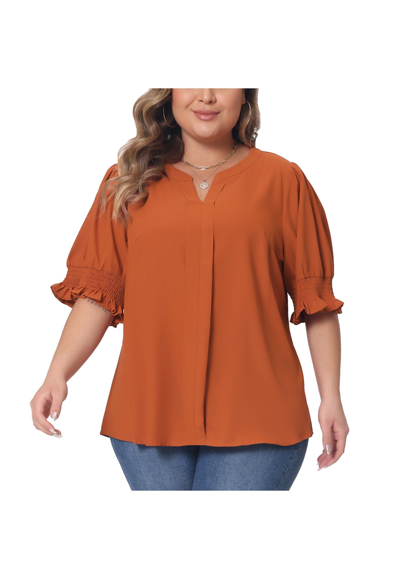Notched V Neck Puff Short Sleeve Blouse Top, Orange / Burnt Orange, alternate image number 2