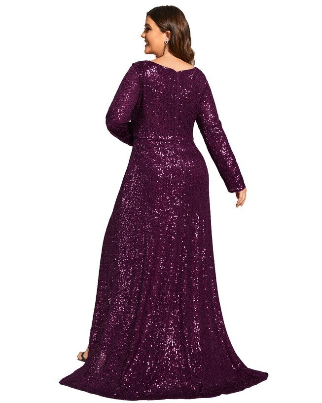 Sequin Long Sleeve V-neck Asymmetrical Hem Evening Dress, Dark Purple / Purple, alternate image number 1
