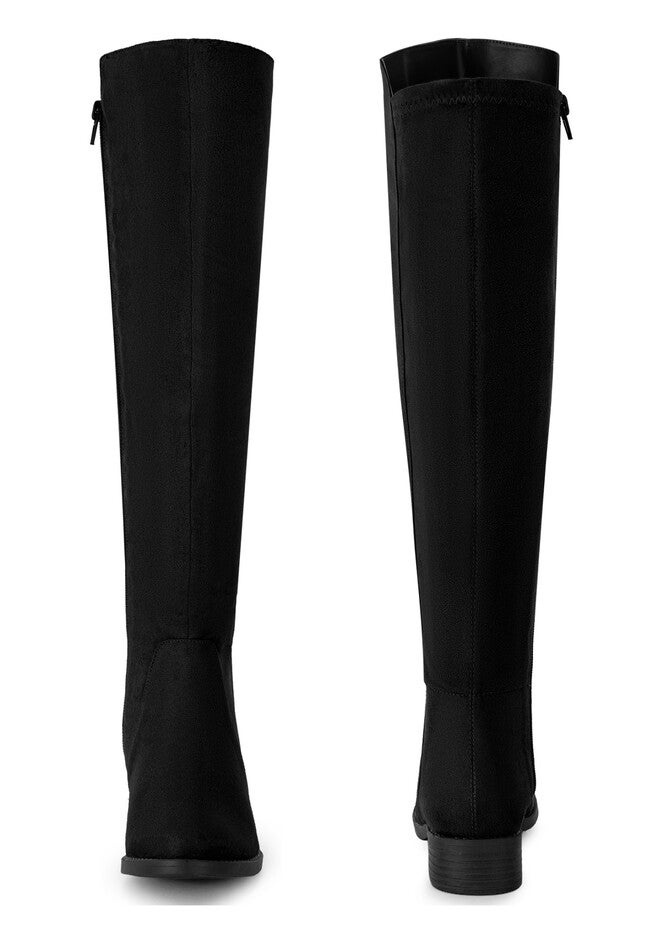 Round Toe Side Zip Chunky Heels Knee High Boots, Black / Black, alternate image number 1