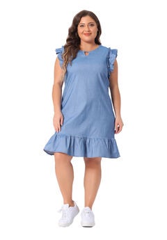 Summer Ruffle Hem Flared Short Sleeve V Neck Chambray Dress