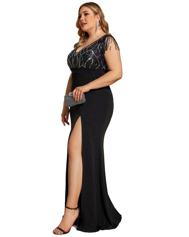 Sleeveless with Tassel High Slit Mermaid Sequin Mother of the Bride Dress, Black / Black, alternate image number 3