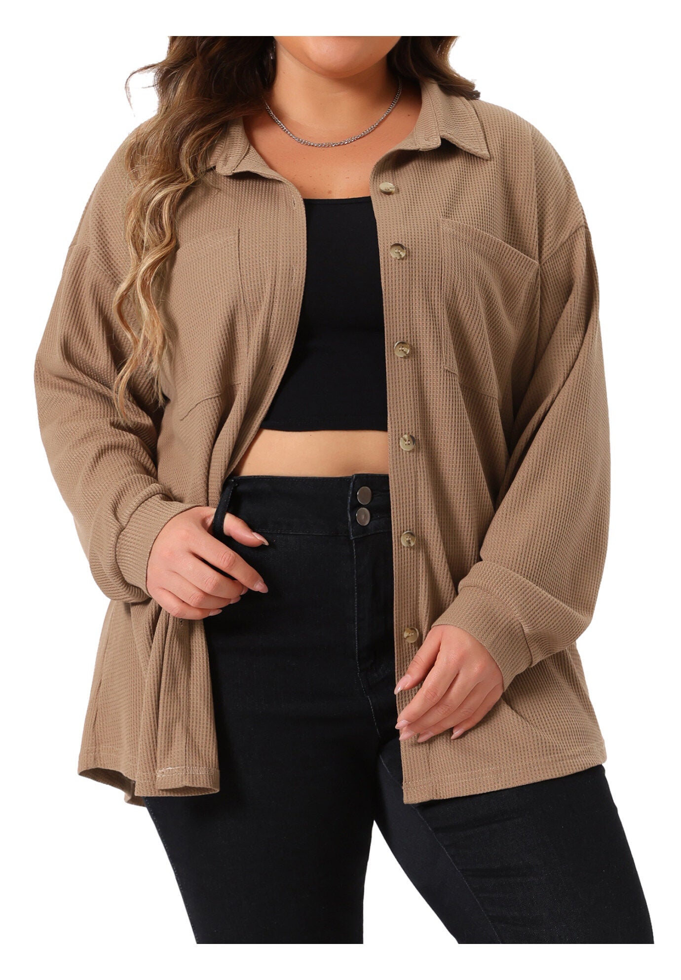 WAFFLE KNIT SHIRT JACKET, Brown / Brown, alternate image number 2