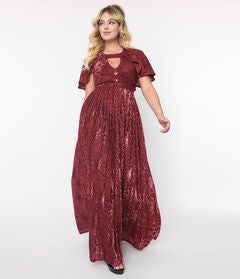 Smak Parlour Burgundy & Velvet Spiderweb Cape Maxi Dress