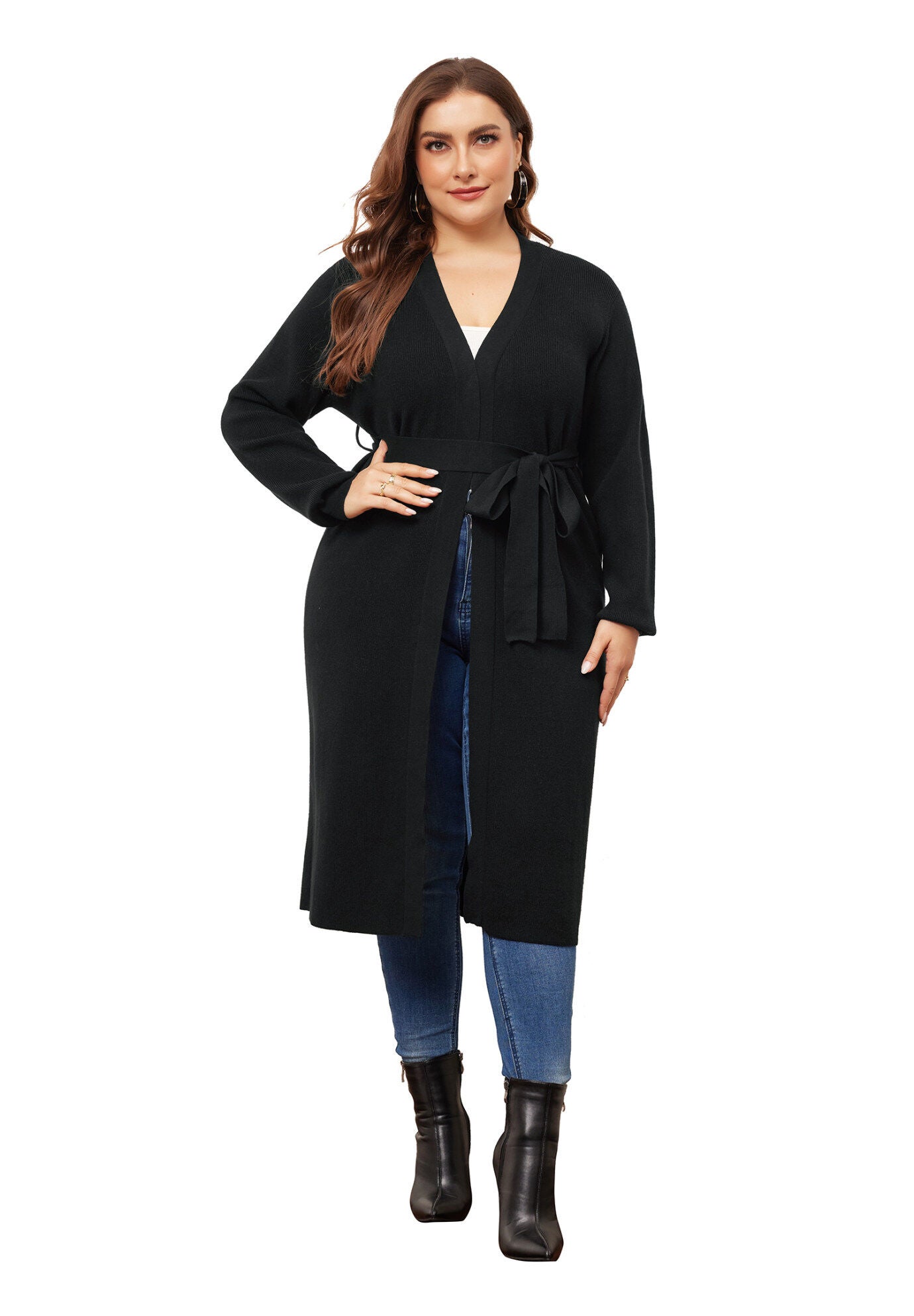 KNIT SWEATER BELTED OVERWEAR LONG CARDIGAN, Black / Black, hi-res image number 0