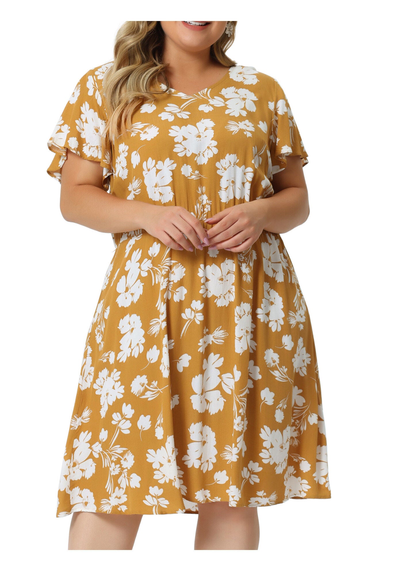 Summer V Neck Flare Sleeve Peplum Midi Ruffle Dress, Yellow / Yellow, alternate image number 2