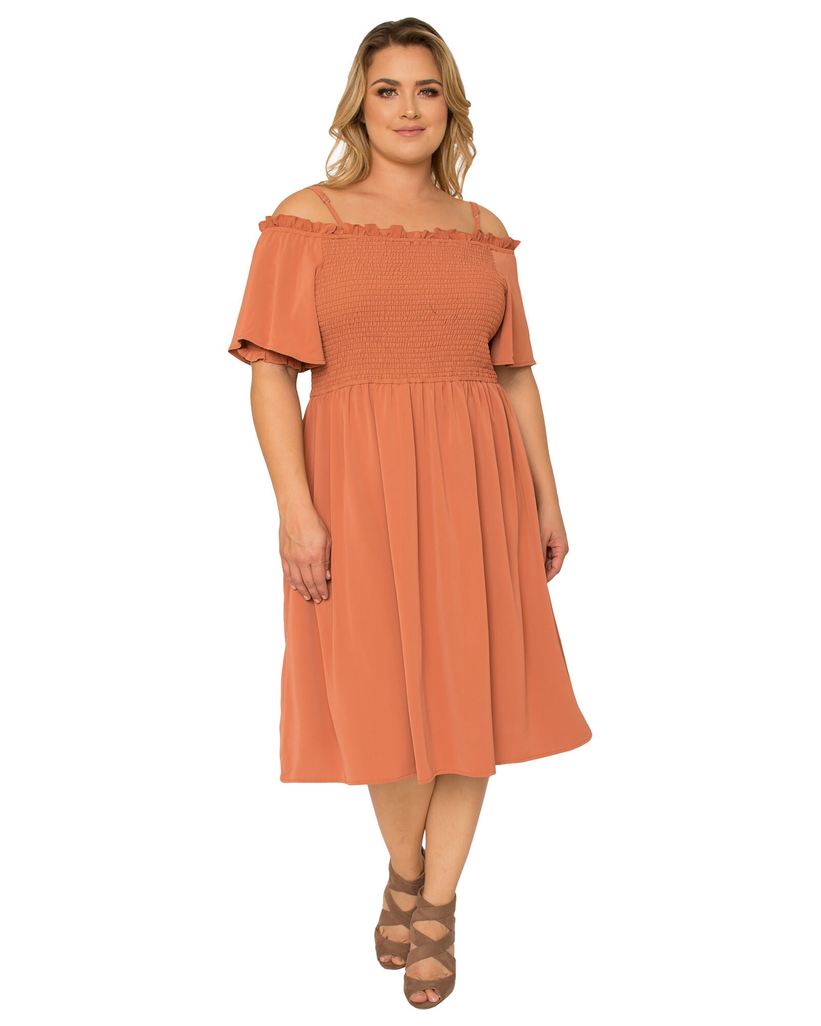 Gabi Plus Size Off The Shoulder Smocked Georgette Dress, Brown / Burnt Orange, hi-res image number 0