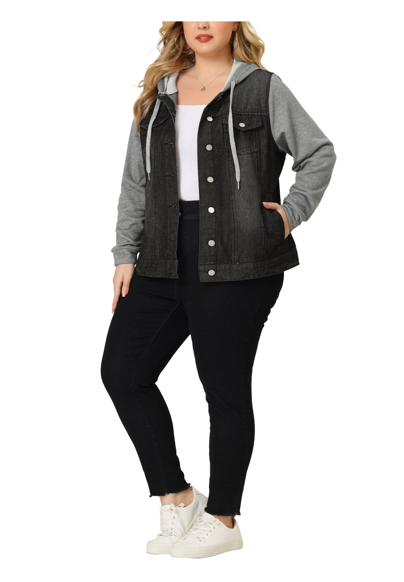 LAYERED DRAWSTRING HOODIE DENIM JEAN JACKET, Black / Black, alternate image number 4