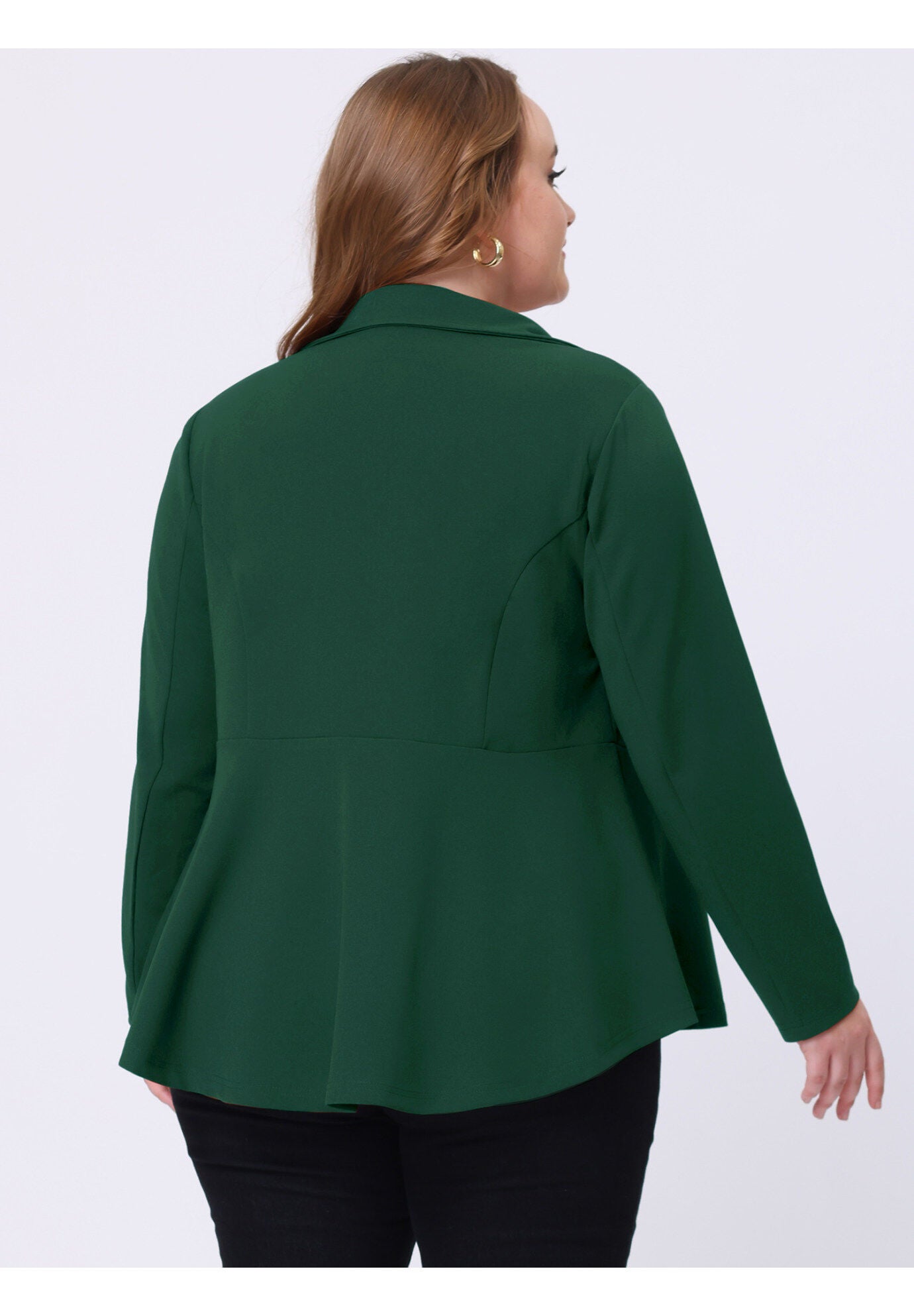 RUFFLE V NECK BUTTON NOTCH PANEL PEPLUM BLAZER, Dark Green / Forest Green, alternate image number 4