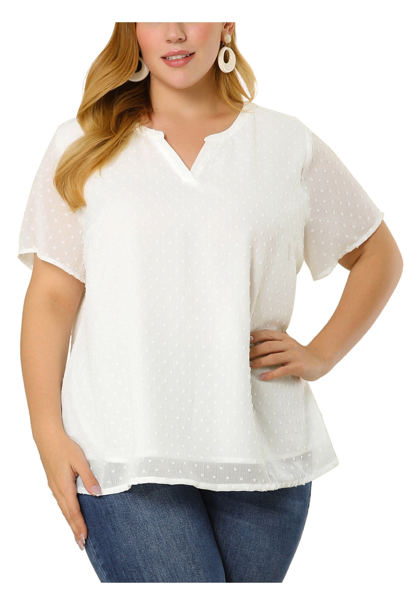 Swiss Dots Notched Neck Short Sleeve Basic Blouse, White / White, alternate image number 2