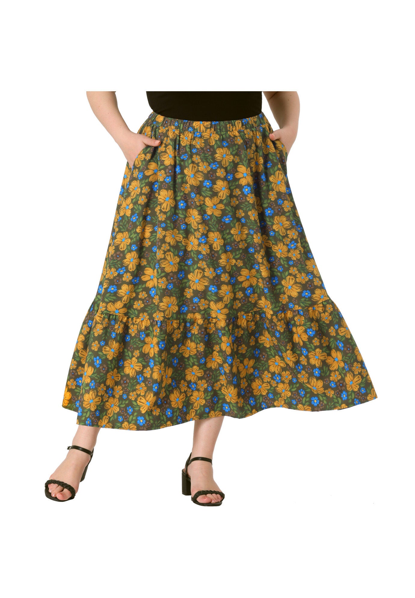 Summer Floral Flowy Stretchy Waist Layered A Line With Pocket Maxi Skirt, Green Yellow / Brown, alternate image number 2