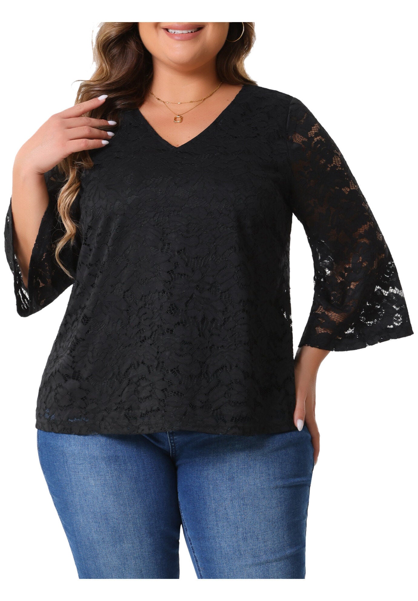3/4 Bell Sleeve V Neck Elegant Floral Lace Blouse, Black / Black, alternate image number 1