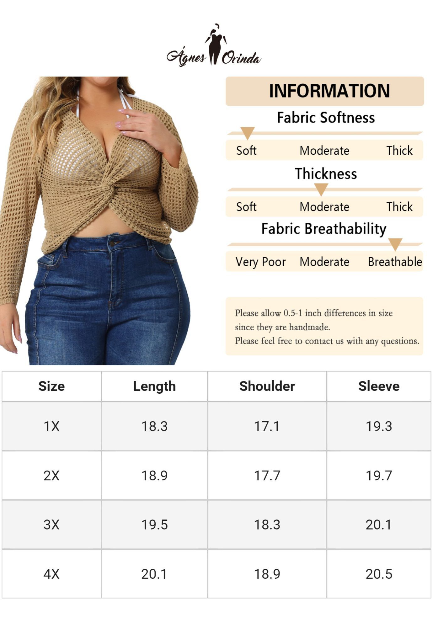 Mesh Crochet Crop Top Hollow Out Knit See Through Cover Up, Light Camel / Brown, alternate image number 4