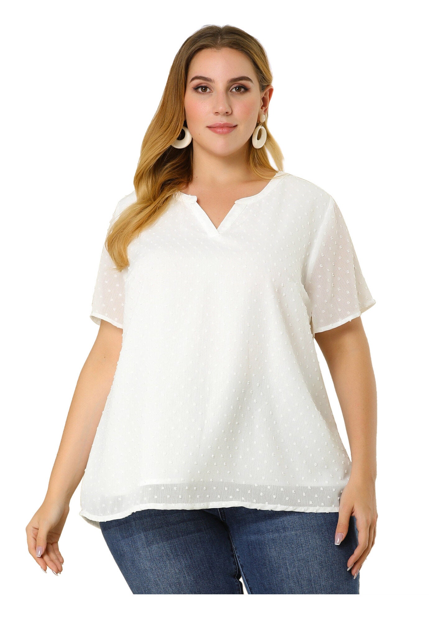 Swiss Dots Notched Neck Short Sleeve Basic Blouse, White / White, hi-res image number 0