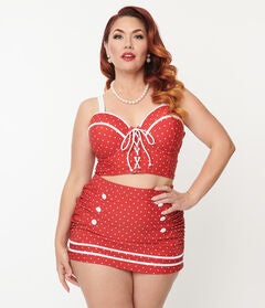 Unique Vintage Red Pin Dot Lace Up Swim Top