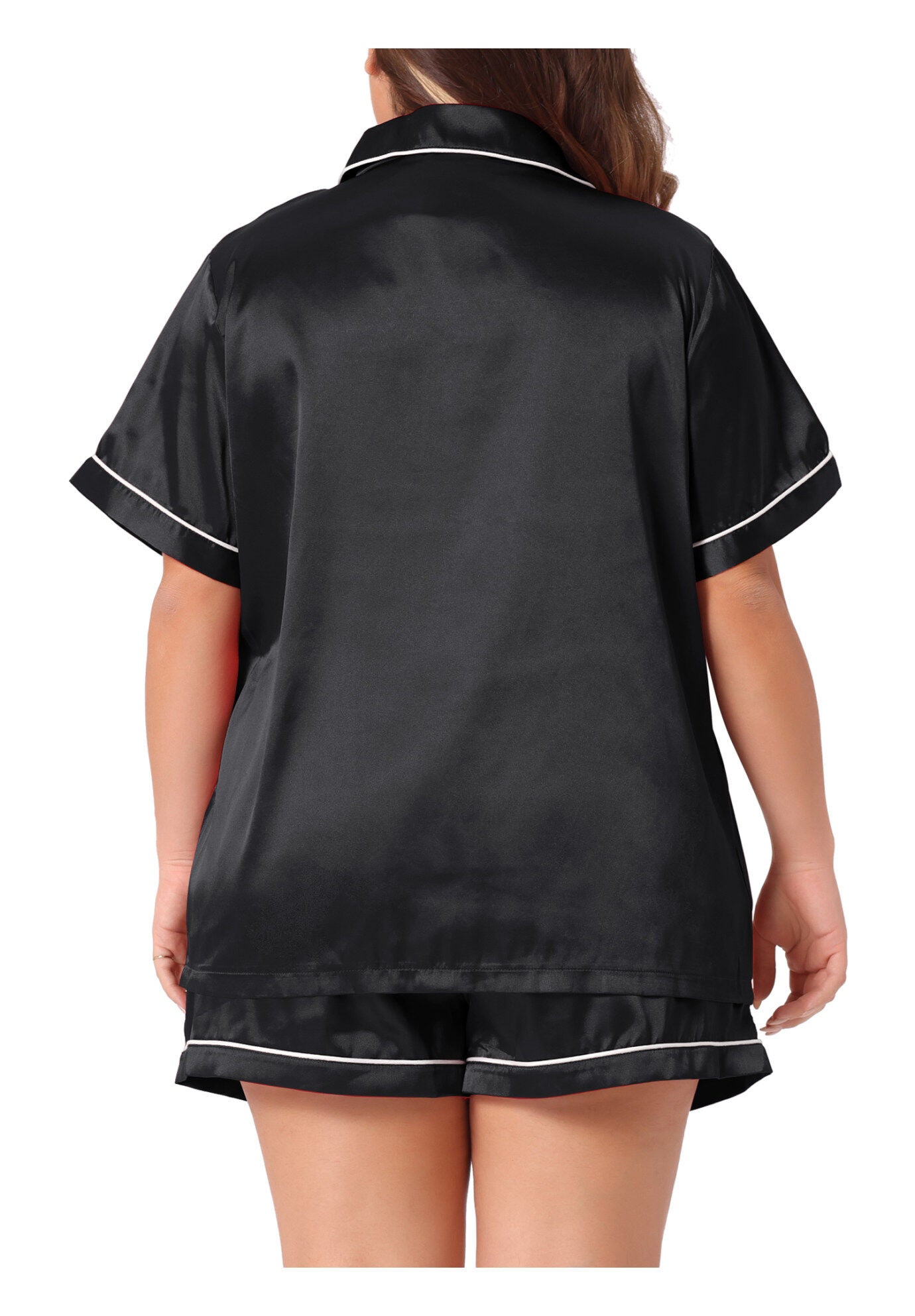Satin Button Down Top Shorts Lounge Sets with Pocket, Black / Black, alternate image number 3
