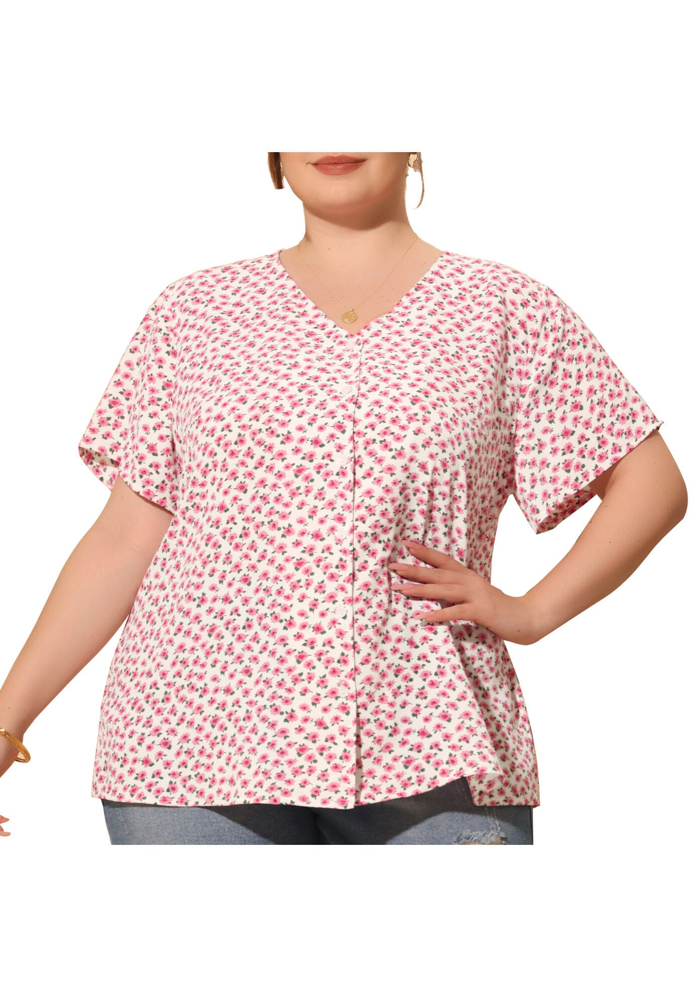 V Neck Button Short Sleeve Floral Blouse, Pink / Pink, alternate image number 1
