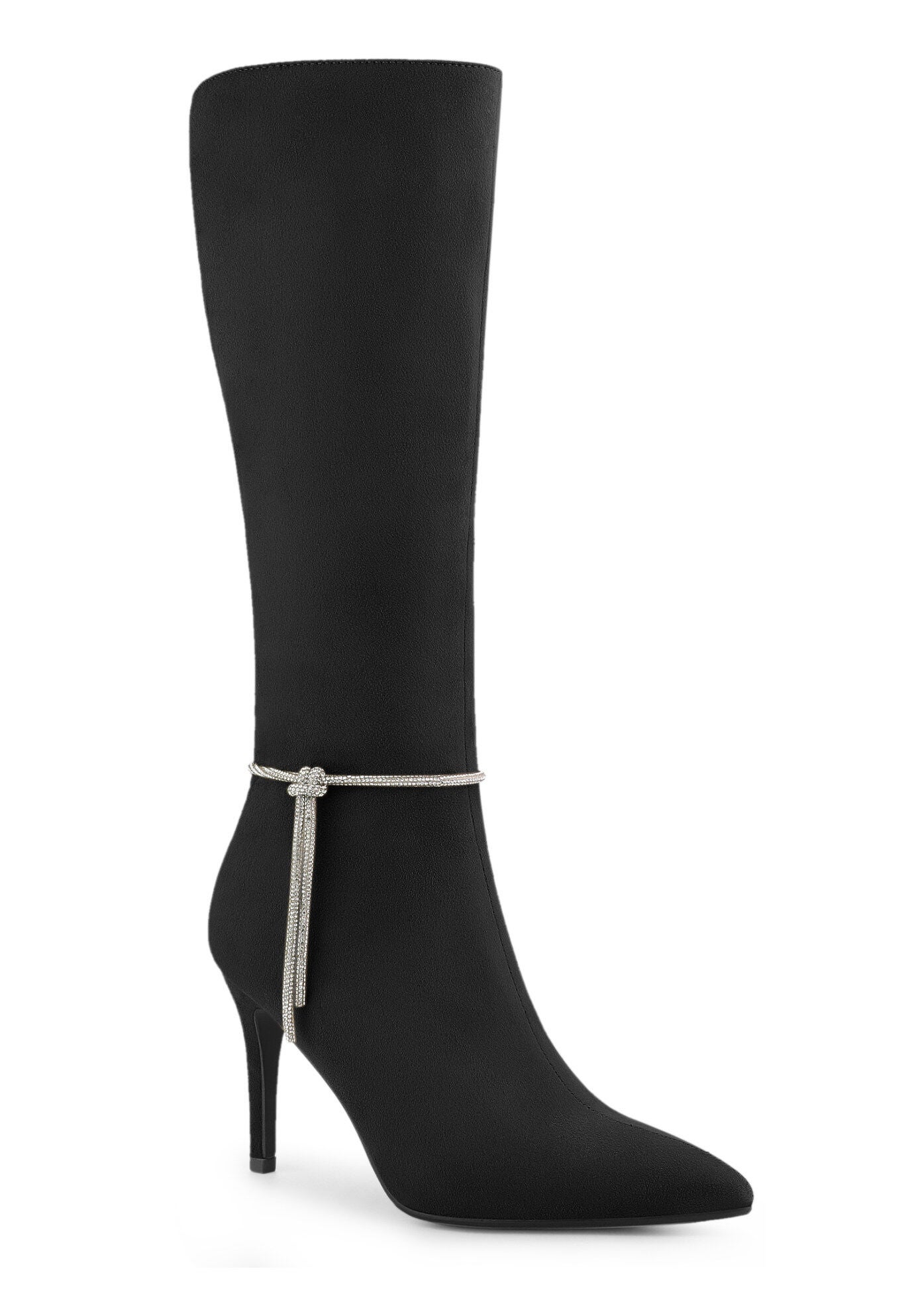 Rhinestone Chain Pointed Toe Stiletto Heels Knee High Boots, Black / Black, hi-res image number 0
