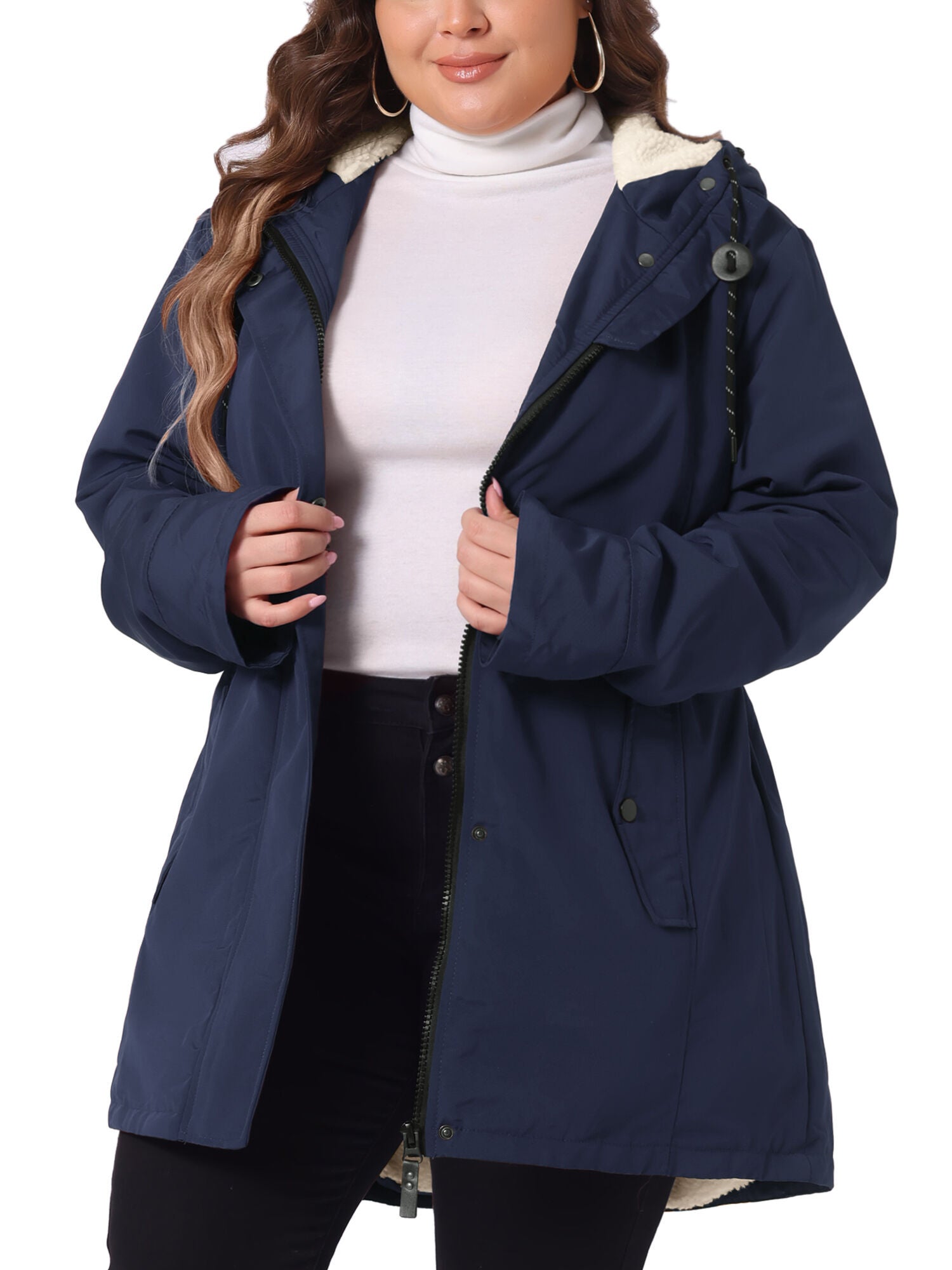 Faux Lamb Fur Leather Button Down Hoodie Parka Coat, Dark Blue / Navy, alternate image number 1