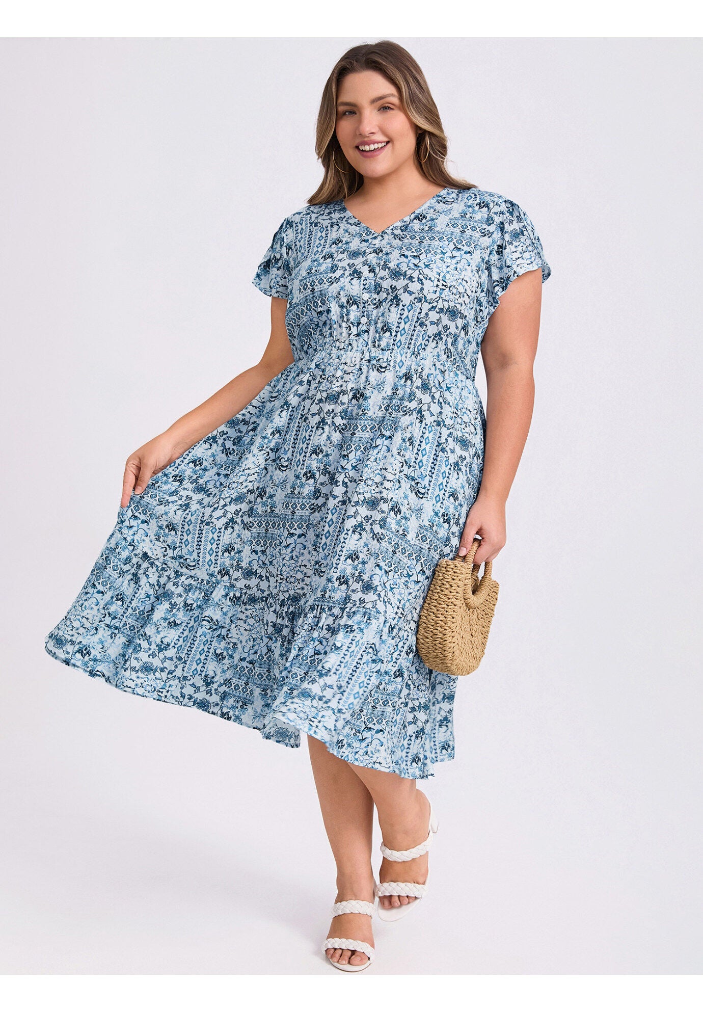 Floral Print V Neck Cap Sleeve A Line Flowy Midi Dress with Pockets, Lake Blue / Light Blue, alternate image number 1