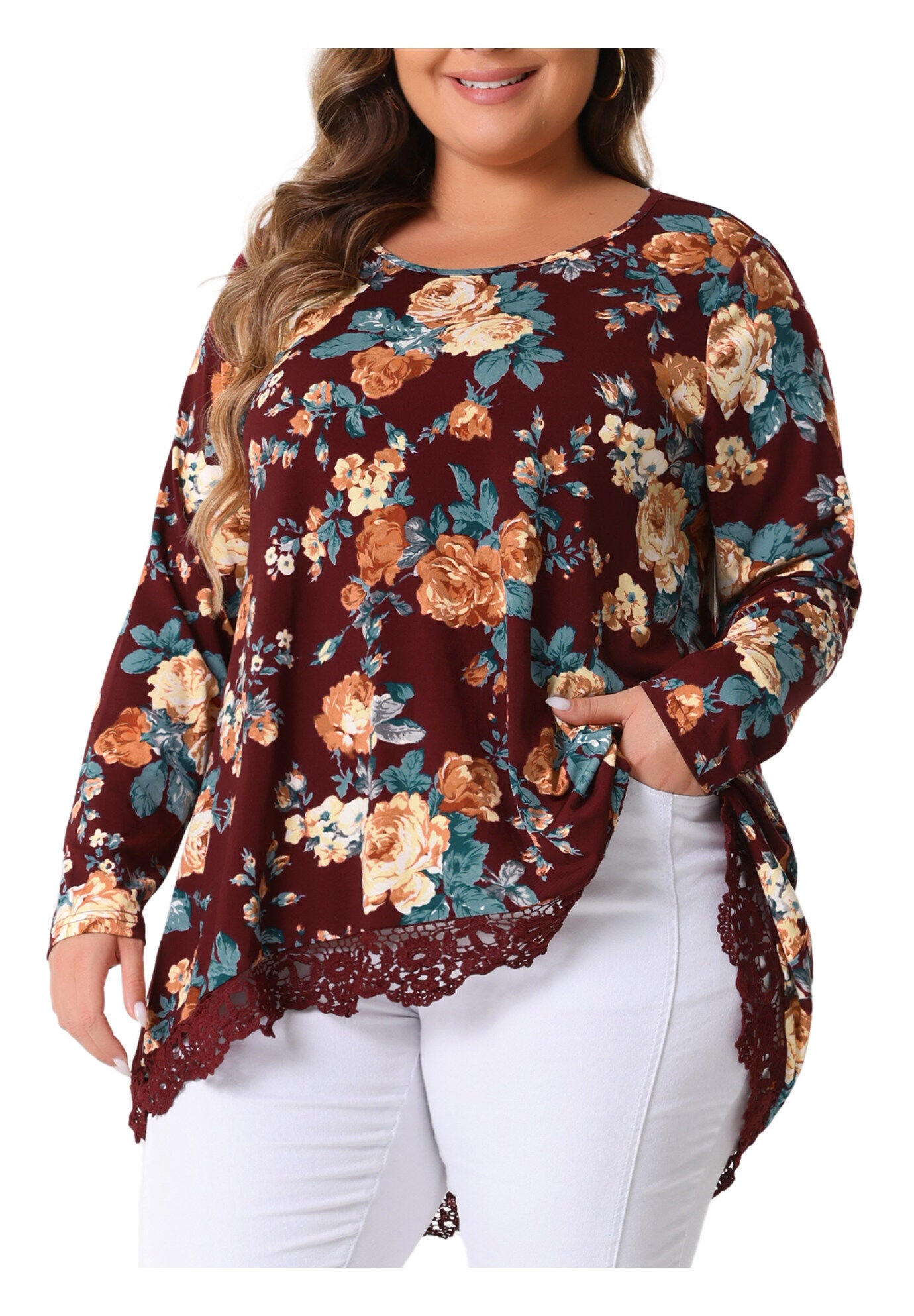 Crew Neck A-Line High Low Hem Floral Blouse, Burgundy / Red, alternate image number 1