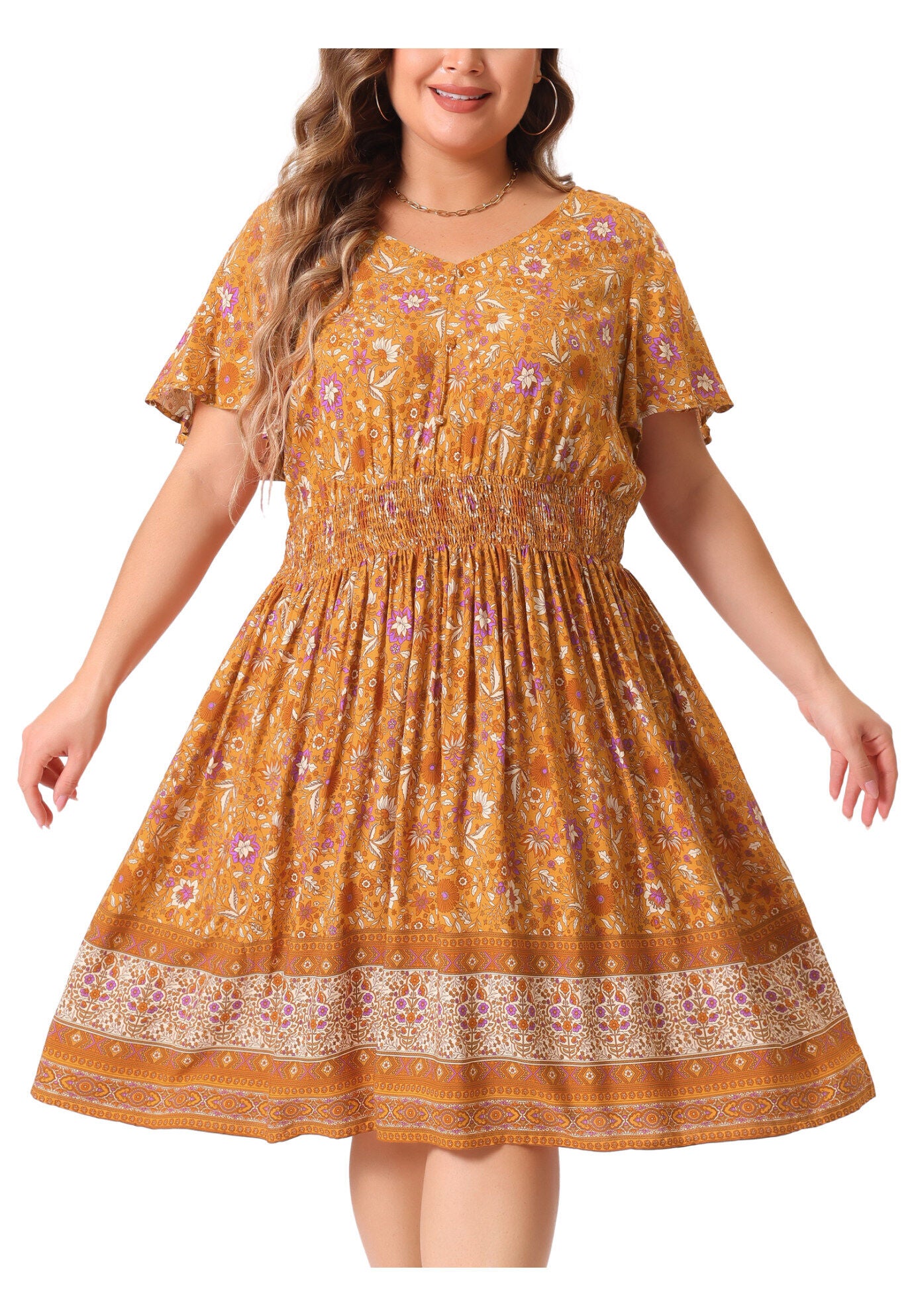Placed Pattern Bohemian Smock Waist V Neck Summer Midi Dress, Orange / Orange, alternate image number 1
