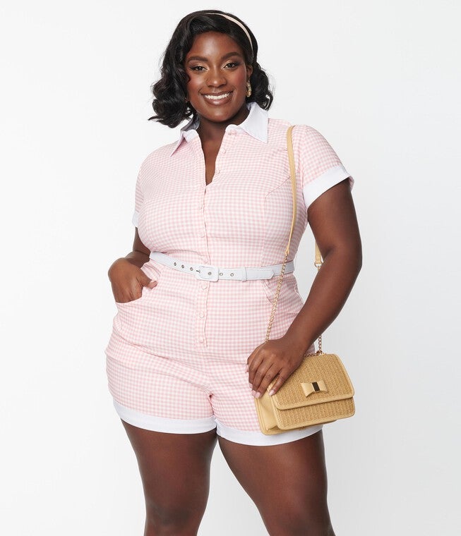 Unique Vintage Pink & White Gingham Patsy Romper, Pink White Gingham / Pink, alternate image number null
