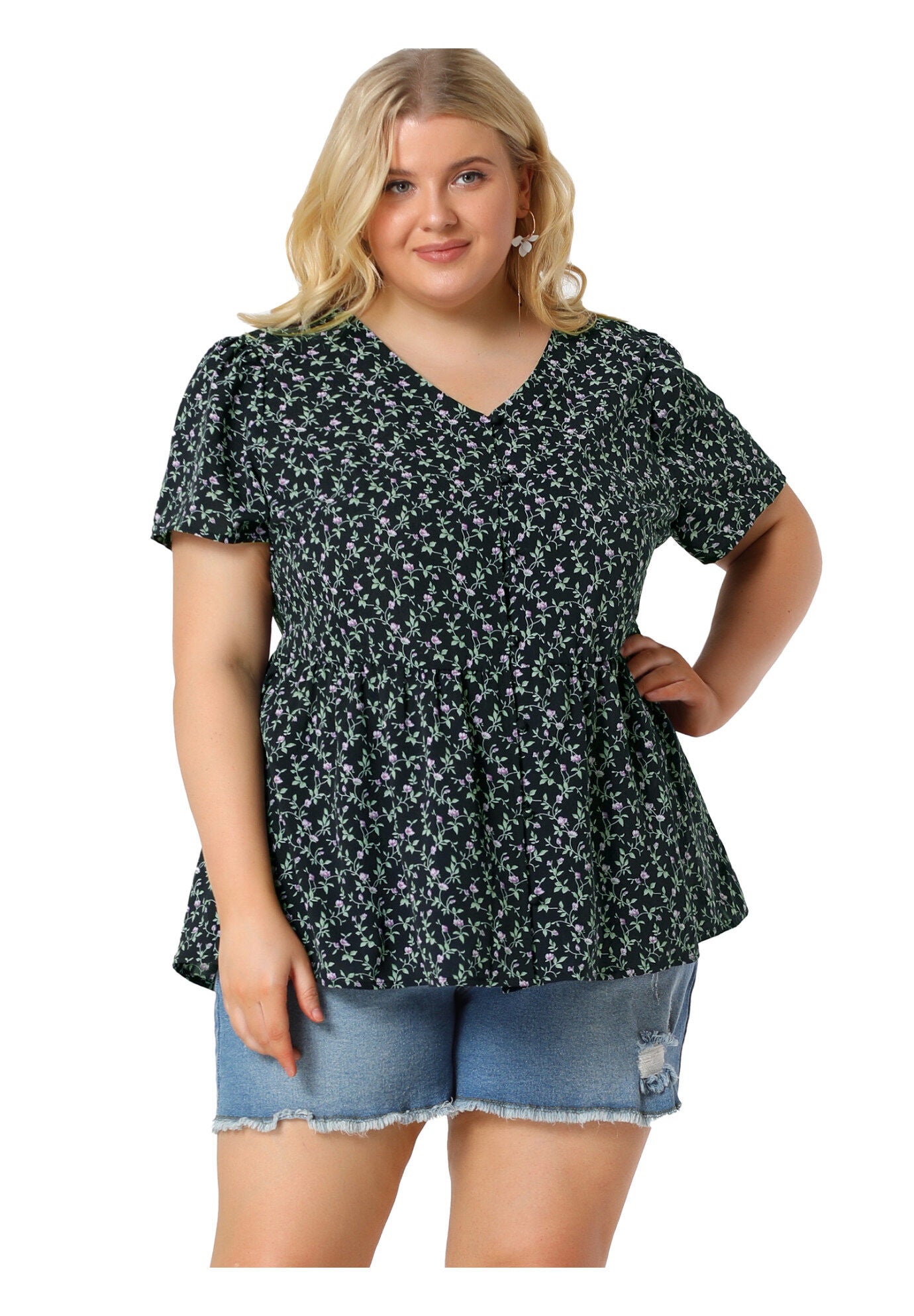 Chiffon Shirt V Neck Ruffle Short Sleeve Floral Peplum Top, Navy / Navy, hi-res image number 0