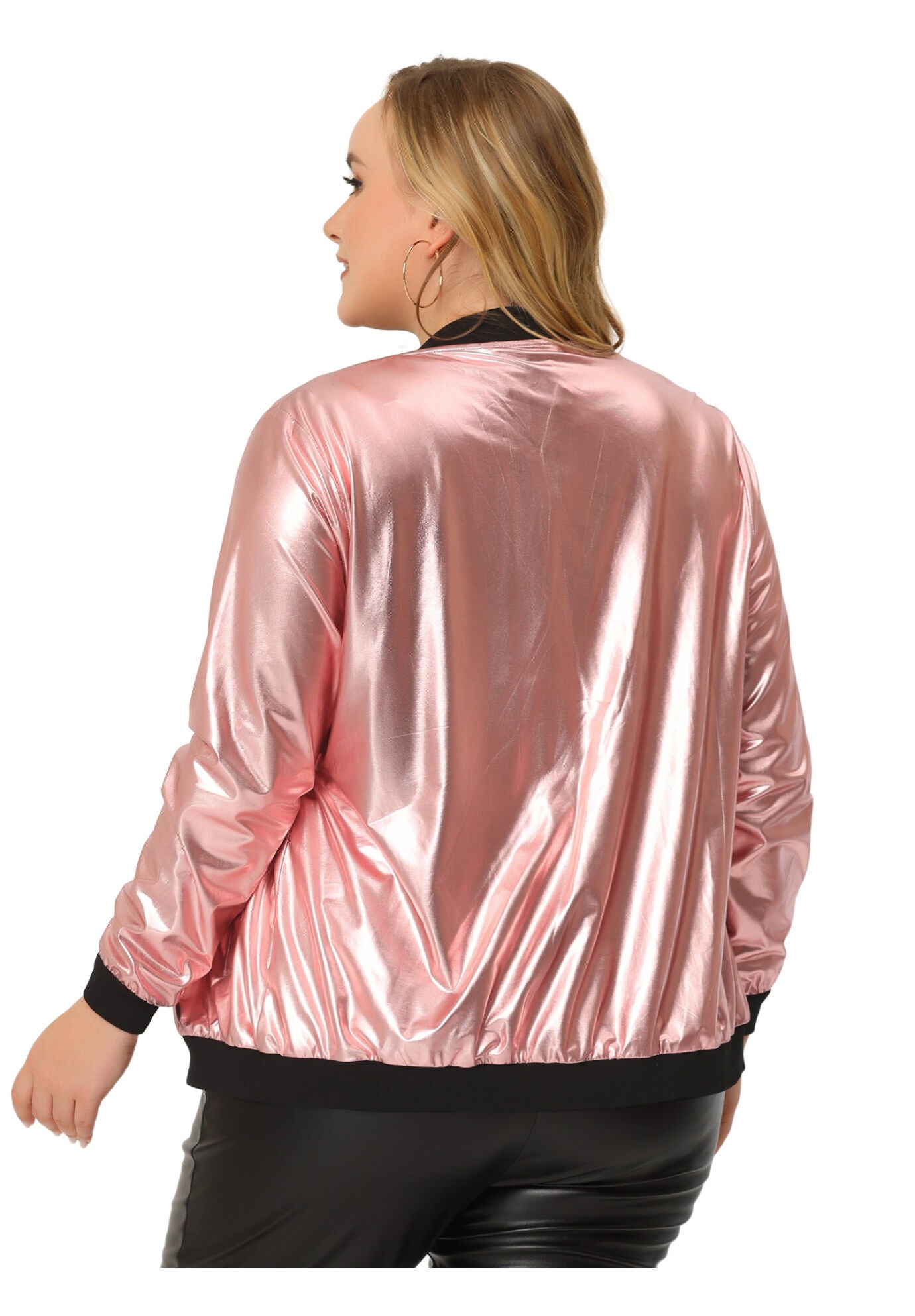 METALLIC SPARKLE HOLOGRAPHIC SHINY BOMBER JACKET, Rose Gold / Pink, alternate image number 3