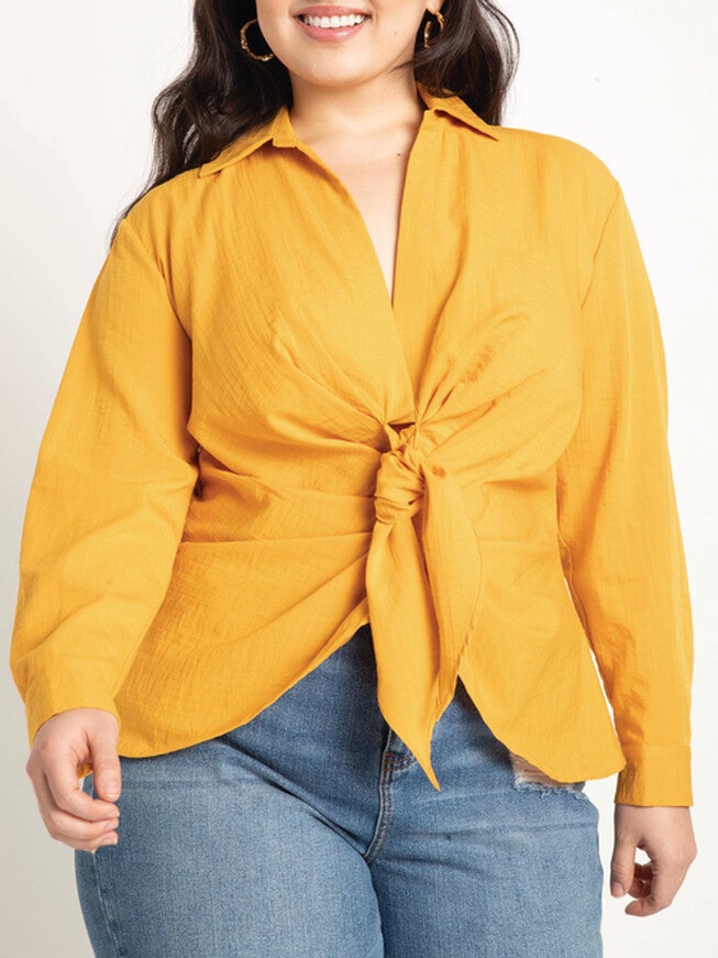 Priscilla Tie Front Collared Blouse, Daffodil / Mustard, alternate image number 1