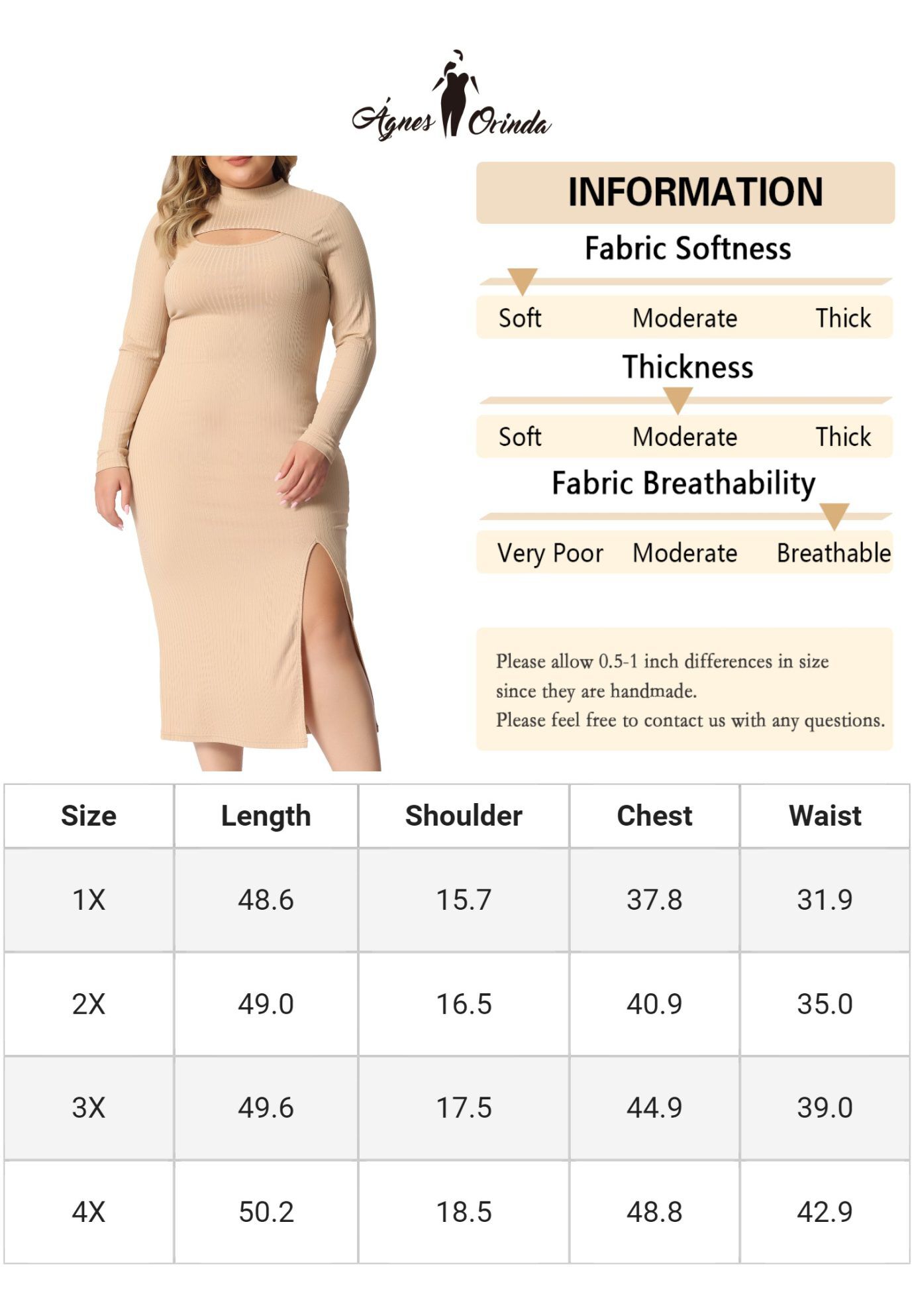 Round Neck Cut Out Front Knee Bodycon Dress, Khaki / Beige, alternate image number 4