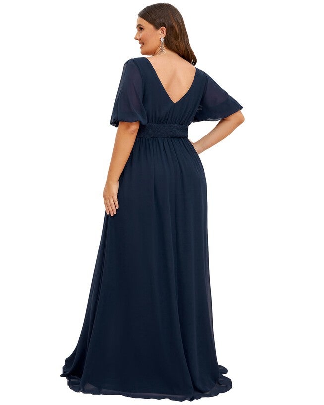 Chiffon Illusion V-Neck Flutter Sleeve Front Slit Evening Dress, , alternate image number 5