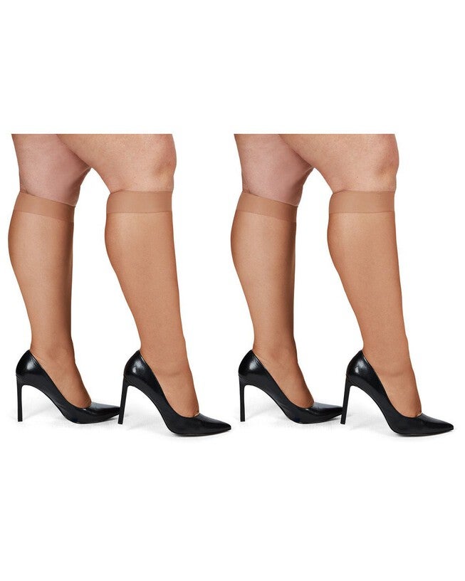 Silky Sheer Plus Size Curvy Knee High Stockings 2 Pack, Honey / amber, hi-res image number 0