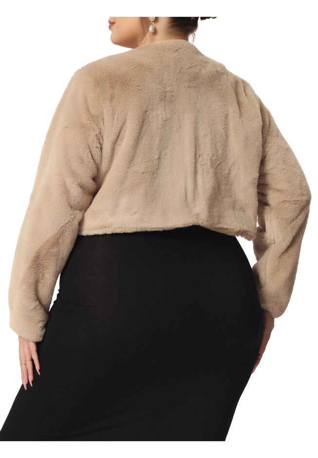 OPEN FRONT CROPPED FAUX FUR FLUFFY JACKET, Dark Apricot / Brown, alternate image number null