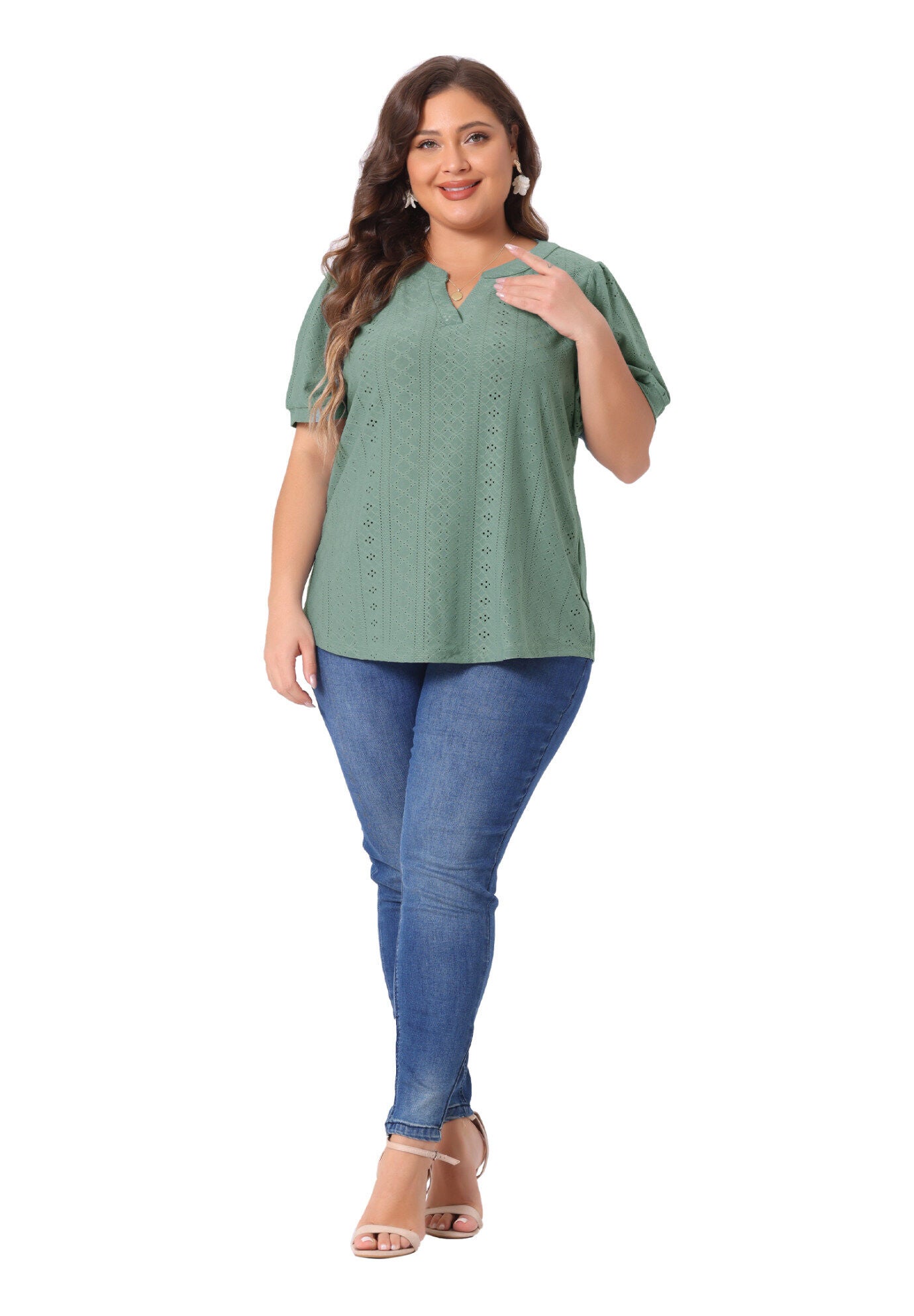 Hollow Casual V Neck Short Sleeve Summer Blouse, Green / Sage Green, hi-res image number 0