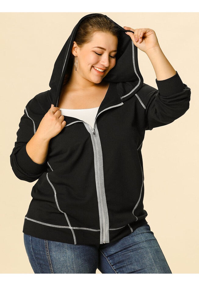 ZIP FRONT LONG SLEEVE HOODIE JACKET, Black / Black, alternate image number 1