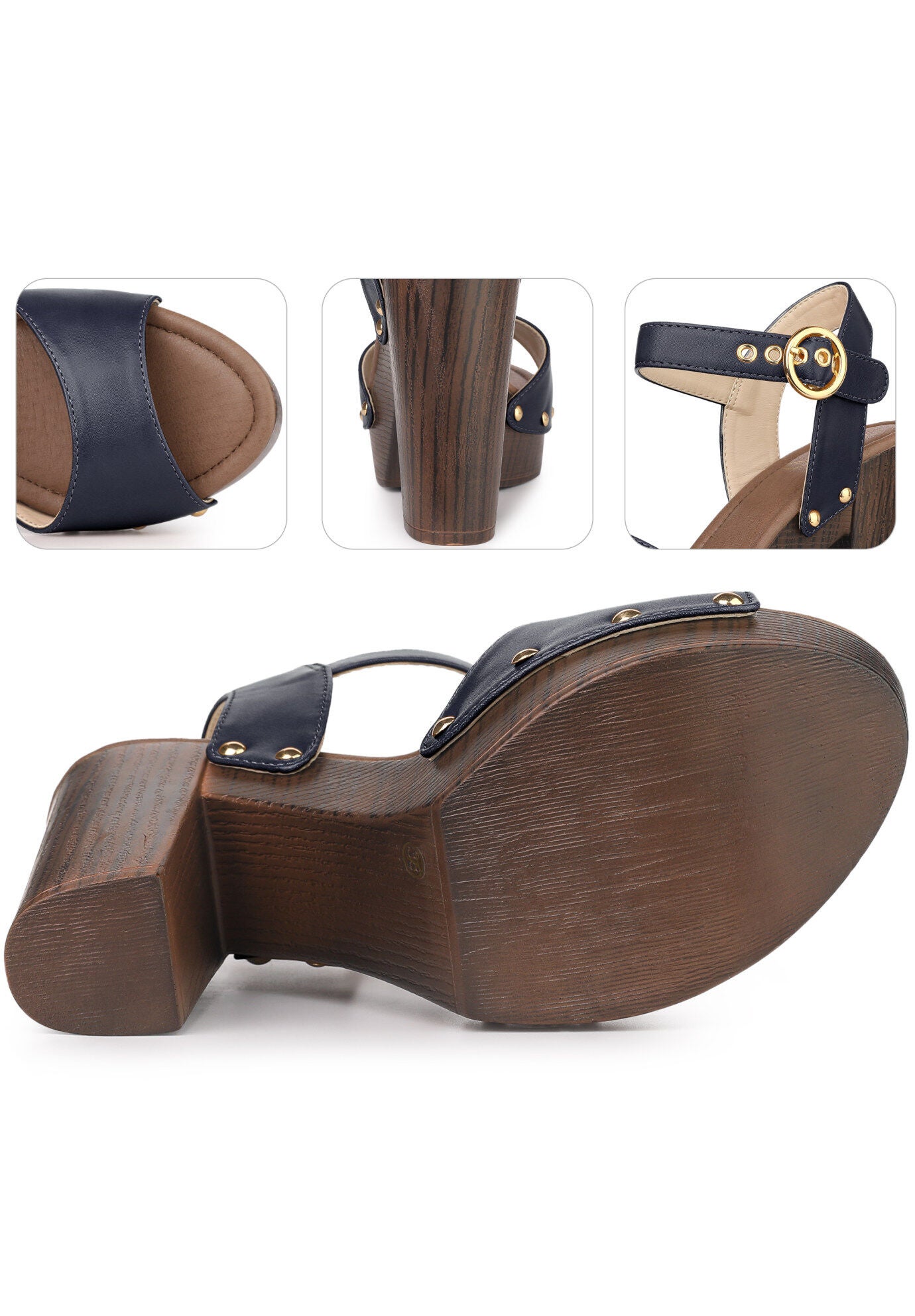 Platform Heels Slingback Chunky High Heel Sandals, Navy Blue / Navy, alternate image number 2