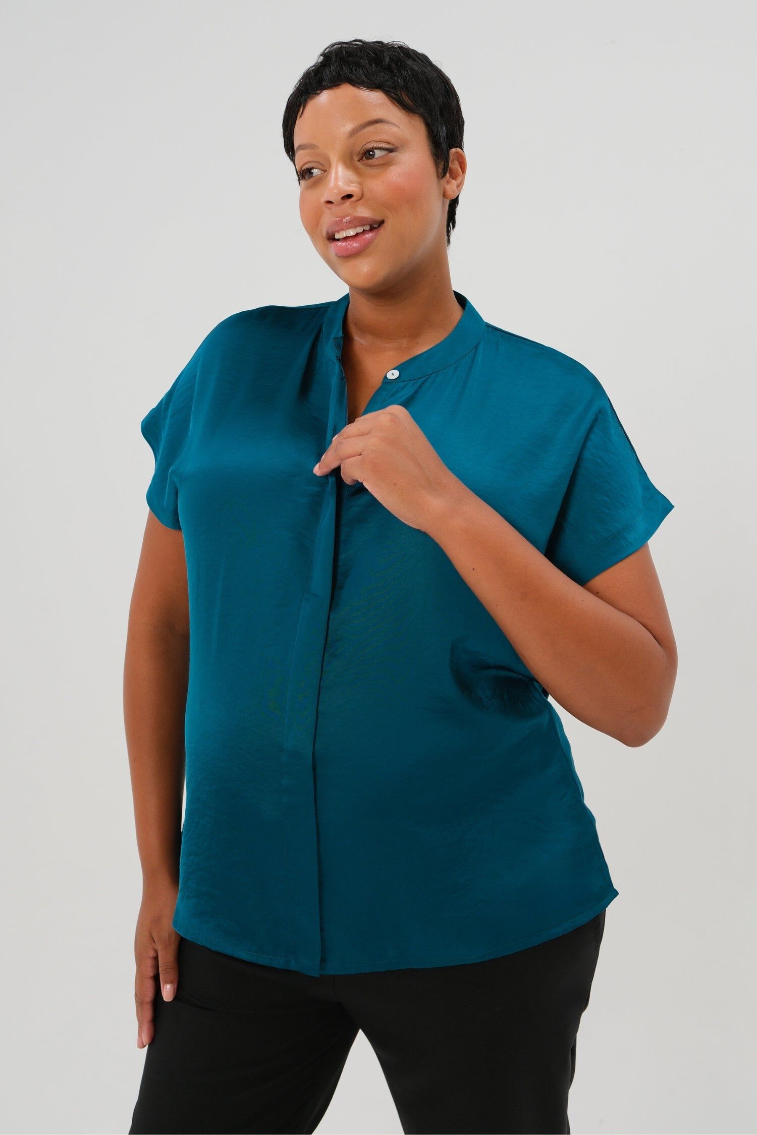 MARION Women's Short Sleeve Satin Maternity Shell Top with Concealed Nursing Zip, Peacock Green / Aqua, alternate image number 1