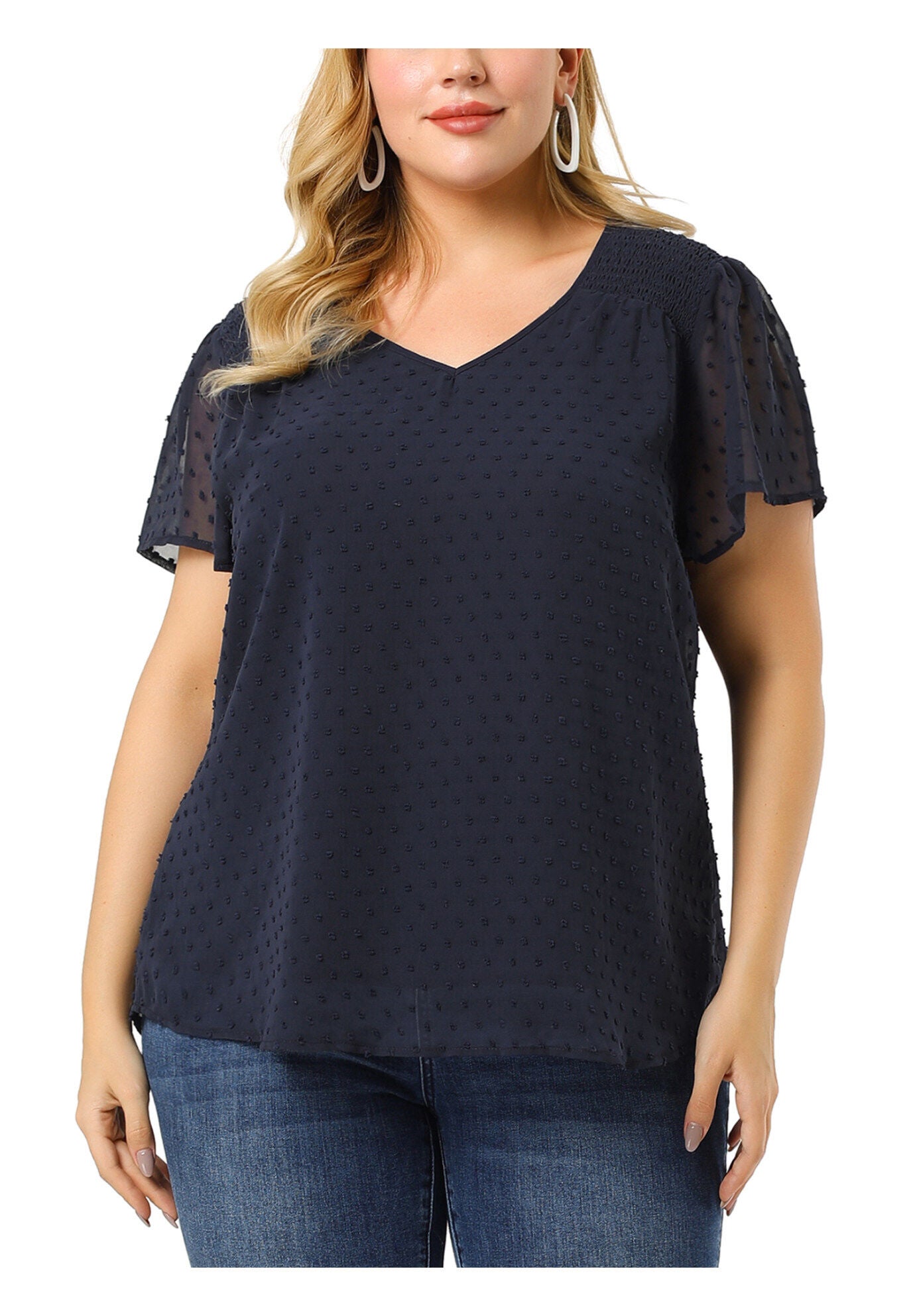 Pin Dots Smocked Flare Sleeve Blouses Tee Top, Royal Blue / Royal Blue, alternate image number 1