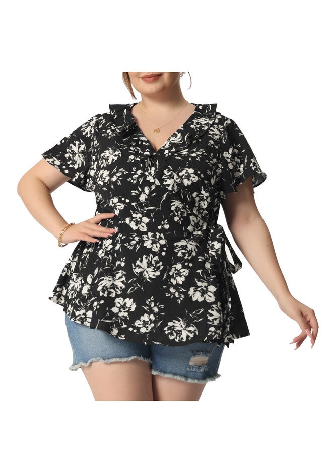 Wrap V Neck Tie Waist Ruffle Sleeve Blouse Summer Floral Top, Black / Black, alternate image number 1