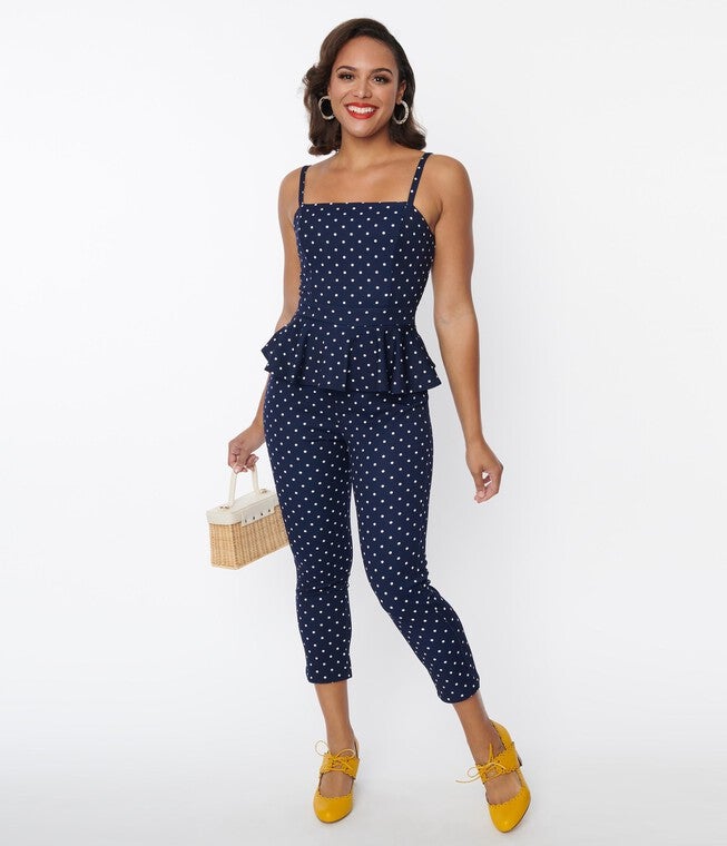 Unique Vintage Navy & White Dot Peplum Jumpsuit, , alternate image number 8