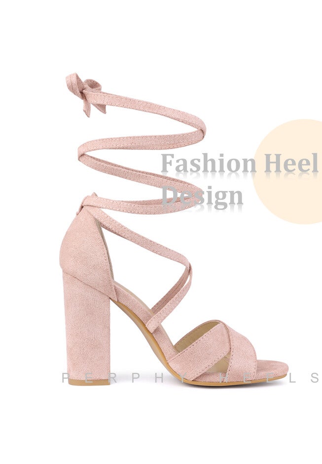 Strappy Chunky Heels Lace Up Sandals, Dust Pink / Pink, alternate image number null