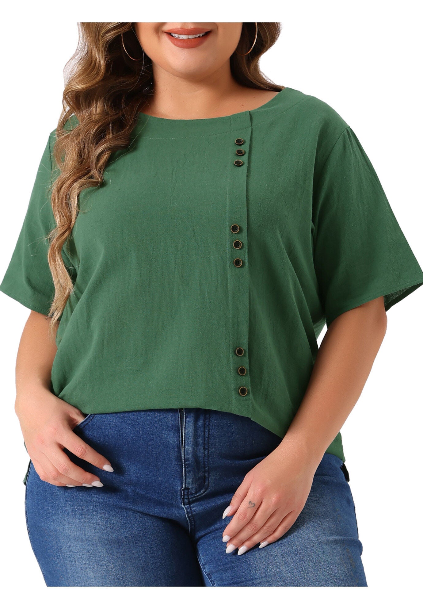 Short Sleeve Round Neck Cotton Linen T-Shirt Top, Army Green / Olive Green, alternate image number 1