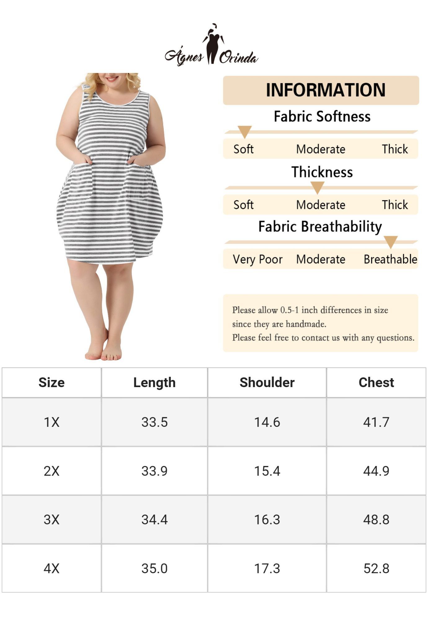 Sleeveless Pajama Sleepdress with Pockets, Grey / Light Grey, alternate image number 4