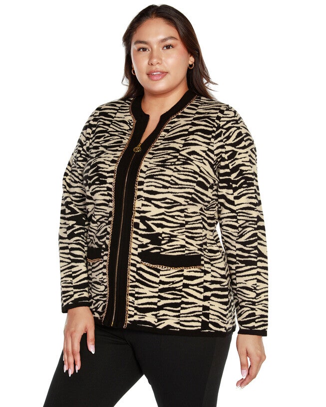 ZEBRA JACQUARD SWEATER JACKET, Black Combo / Black, alternate image number 2