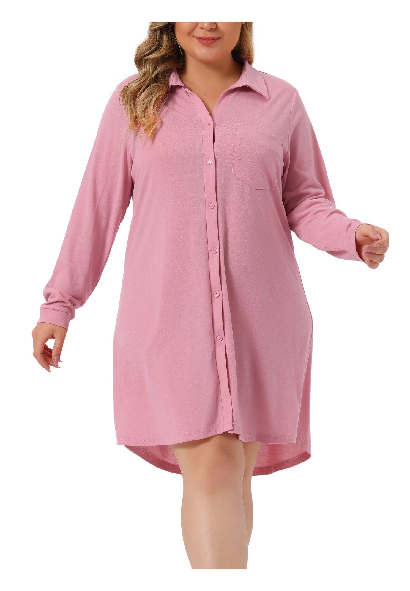 Long Sleeve Button Down Nightshirt V-Neck Sleepwear, Pink / Pink, alternate image number 2