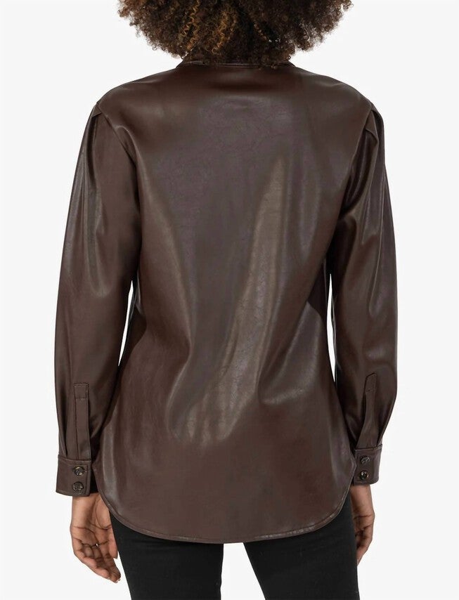 HENRIETTA PLEATHER BUTTON DOWN TOP IN CHOCOLATE, Chocolate / Brown, alternate image number null