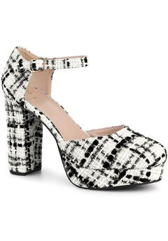 Round Toe Platform Tweed Chunky Heels Pumps
