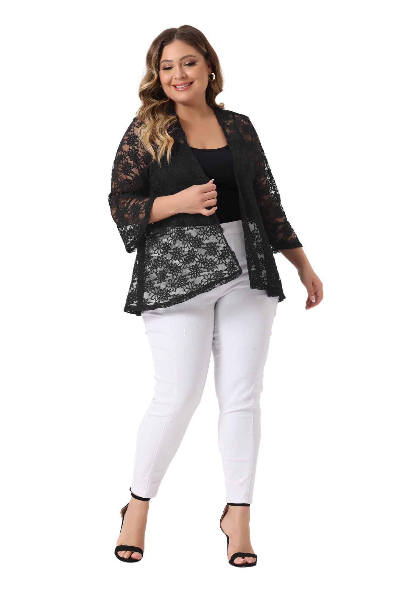 OPEN FRONT 3/4 BELL SLEEVE SHEER LIGHTWEIGHT LACE COVER UP CARDIGAN, Black / Black, alternate image number 2