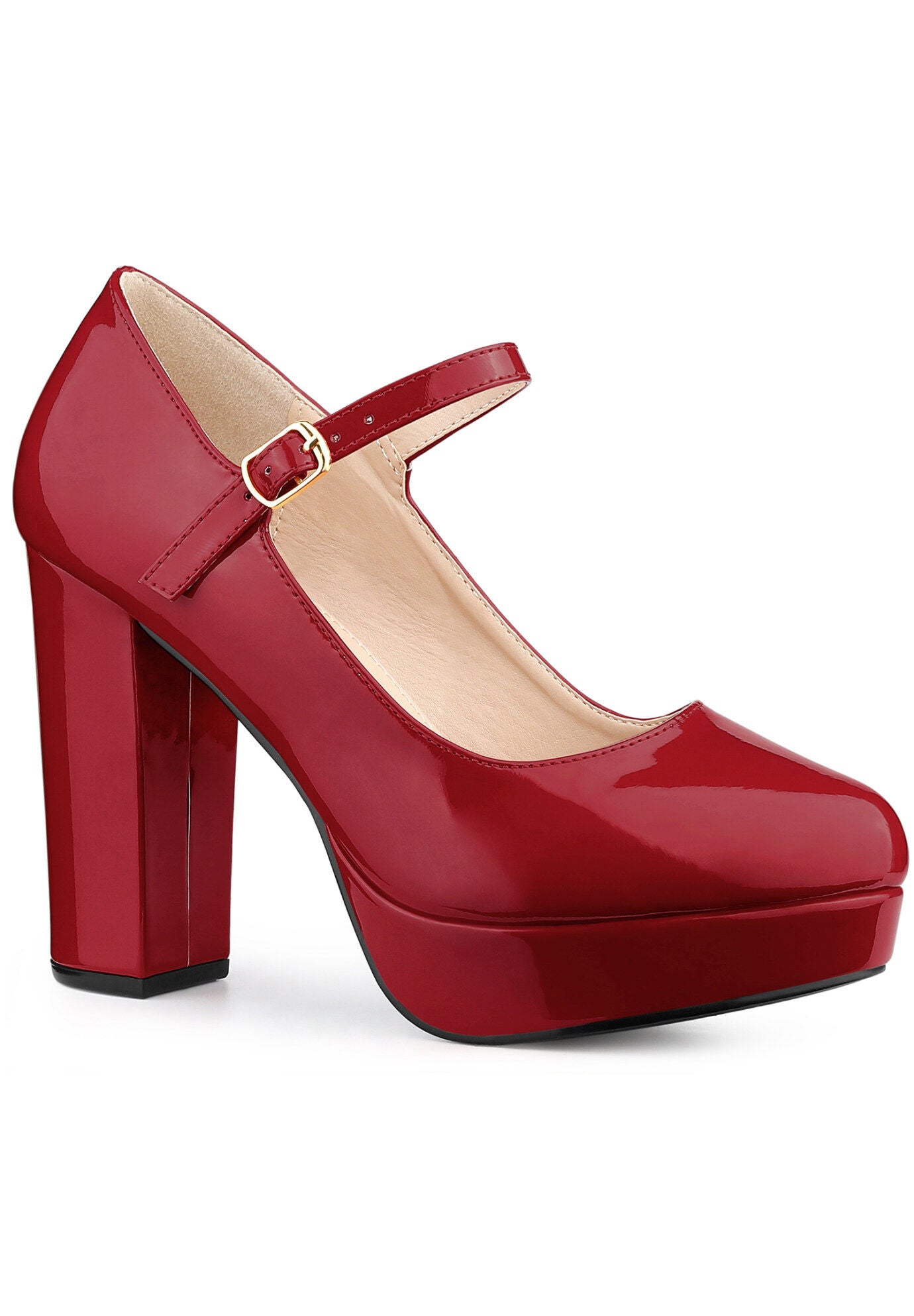 Platform Mary Janes Shoes Chunky High Heels, Red / Red, hi-res image number 0